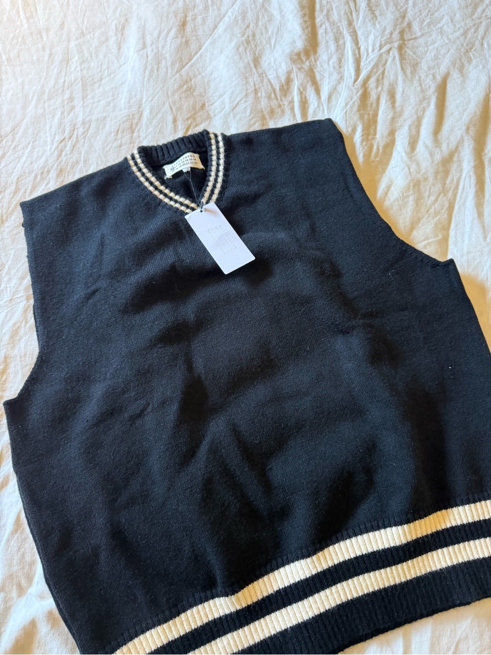 Maison Martin Margiela Black Knit V‑Neck Vest with Cream Trim